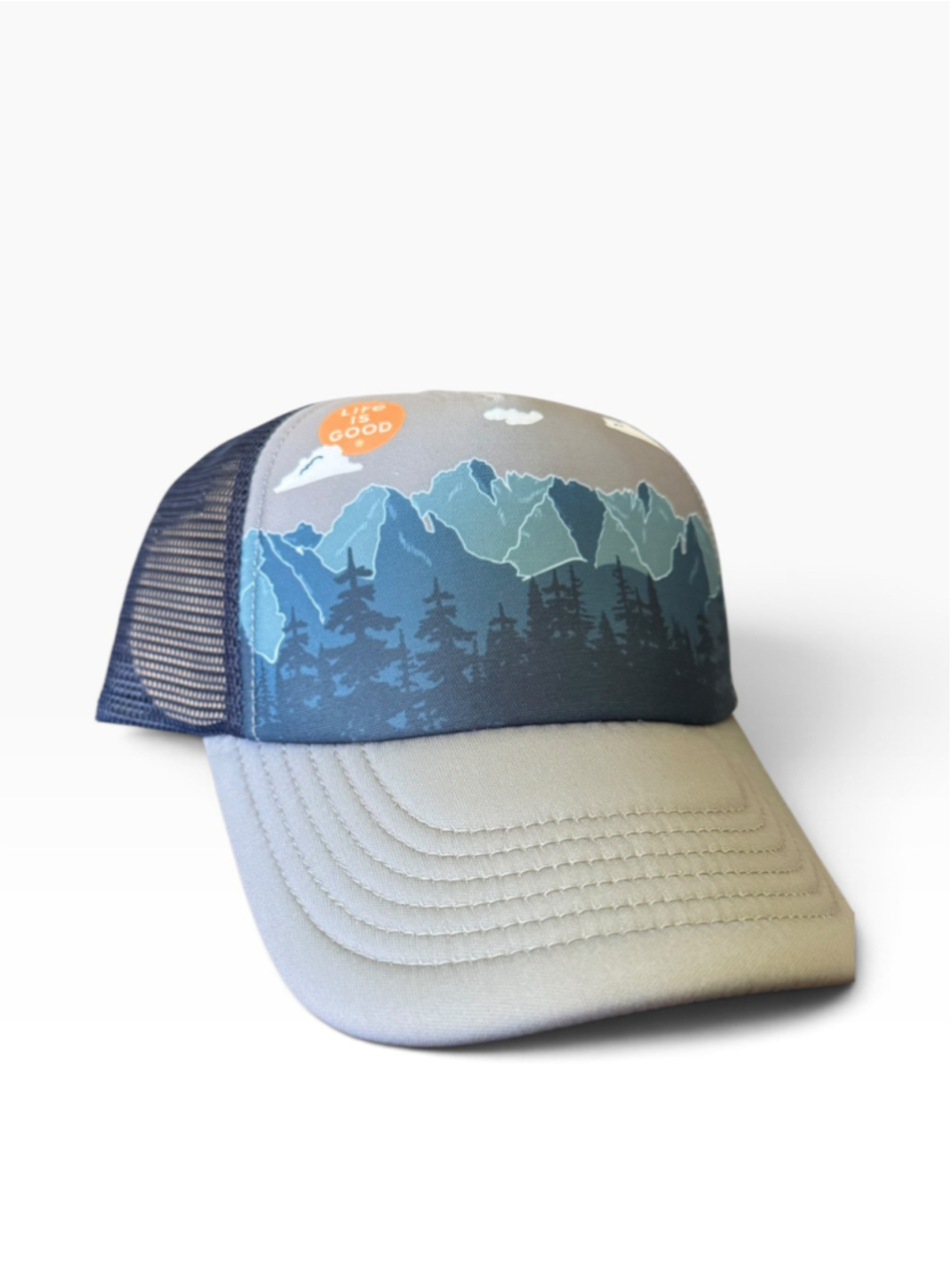 Men's Life is Good Mountain Graphic Trucker Hat, One Size, Grey and Blue
